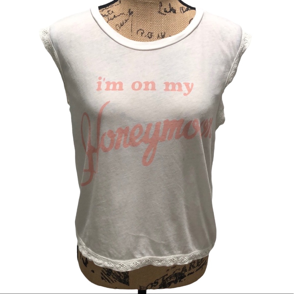 {Wildfox} White "I'm On My Honeymoon" Tee With Crochet Hem